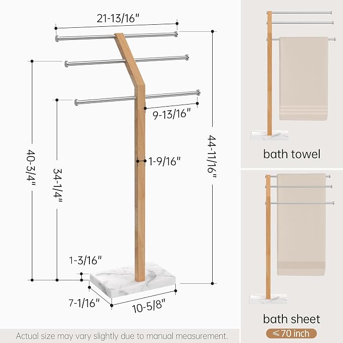KES No Wobble Wooden Standing Towel Rack with Weighted Natural Marble Base | 3 Tier Width Adjustable Free Standing Towel Rack Stand for Bathroom, Pro-Grade 18/8 Stainless Steel, Brushed Finish