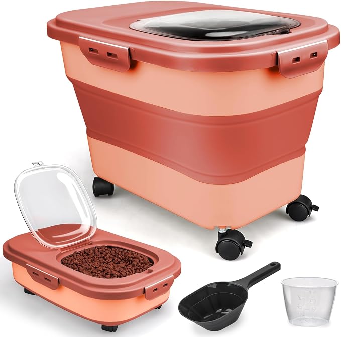 Viretec Dog Food Storage Container, 10-20Lbs Collapsible Pet Food Storage Containers with Rolling Wheel Airtight Locking Lid, Dry Food Storage Bin with Cup and Scoop,Suitable for Pet Food, Rice, Flour