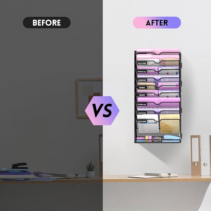 10-Tier Wall File Organizer with Base, Wall Mounted File Holder | Vertical Hanging File Organizer with Open Compartments and Label Holders for Mail, Folders and Paperwork at Home or Work