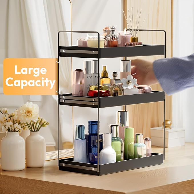 NPPLUS 3 Tier Bathroom Counter Organizer Matte Black Acrylic Tray | Metal Vanity Counter Skincare Shelf, Under Sink Standing Rack, Home Storage Holder For Lotion Makeup Cosmetics Perfume Spice