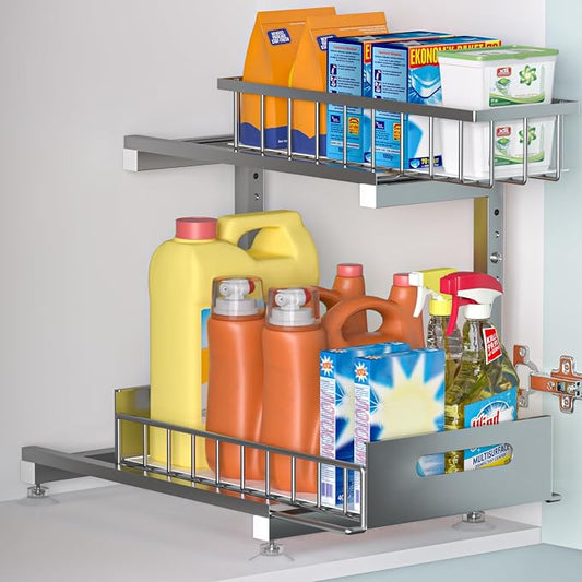 L-Shaped Under Sink Organizer, 2-Tier Pull-out Cabinet Rack 1-Pack | Grey Height-Adjustable Metal Rack, Sliding Grid Drawers with Safety Stopper, Holds 100 Lbs, Ideal Kitchen Cabinet Storage