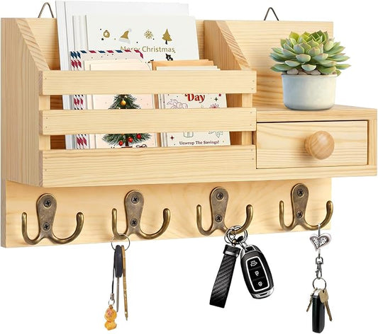 Key Holder Wall Mount, Wooden Key and Mail Organizer, Natural | 2 Mount Options, Includes 8 Hooks, Fence Mail Slot, Small Drawer and Shelf, for Entryway, Hallway, Doorway, Living Room, RV