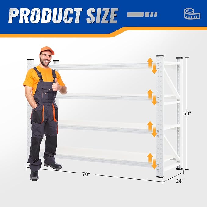BYNSOE 60" W Storage Shelves 5000lbs Garage Metal Shelving Heavy Duty Garage Shelves Adjustable Storage Shelves for Industrial, Factory, (White, 60" W X 24" D X 70" H)