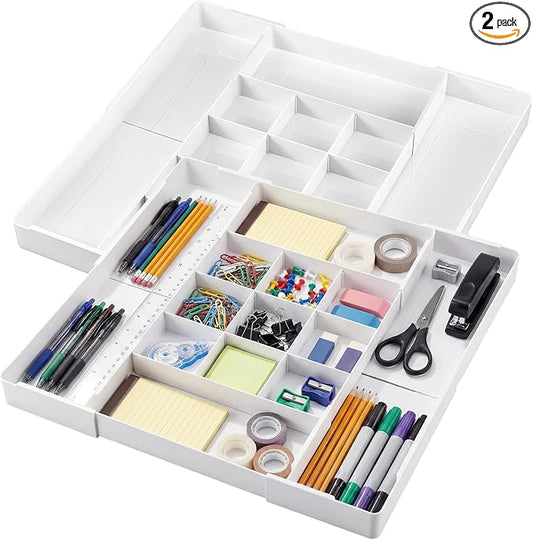 Briwooody 2 Pcs Large Expandable Acrylic Drawer Organizers, Grid Adjustable Drawer, Dividers Organizer for Desk, Makeup, Jewelry, Office, Kitchen Supplies (White,13 Compartments)