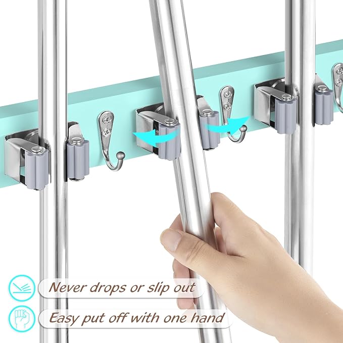 OUTNILI Turquoise Mop Broom Holder Wall Mount with 4 Slots & 4 Hooks - Wood Broom Mop Hanger for Pantry Closet Laundry Room Organization - for Teal Kitchen Decor and Accessories
