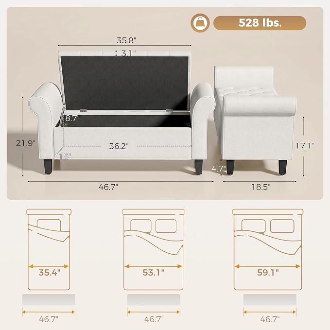 HOMCOM 47" Storage Ottoman End of Bed Bench with Rolled Arms Cream White | Long Ottoman with Storage Chest, Safety Hinge, Wooden Legs, Upholstered End of Bed Bench, Bedroom Entryway Living Room