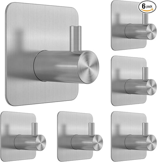 Honmein 6 Pcs Adhesive Wall Hooks for Hanging - Waterproof Shower Hooks | Heavy Duty Towel Hooks for Bathrooms, Kitchens, and Offices (Silver)