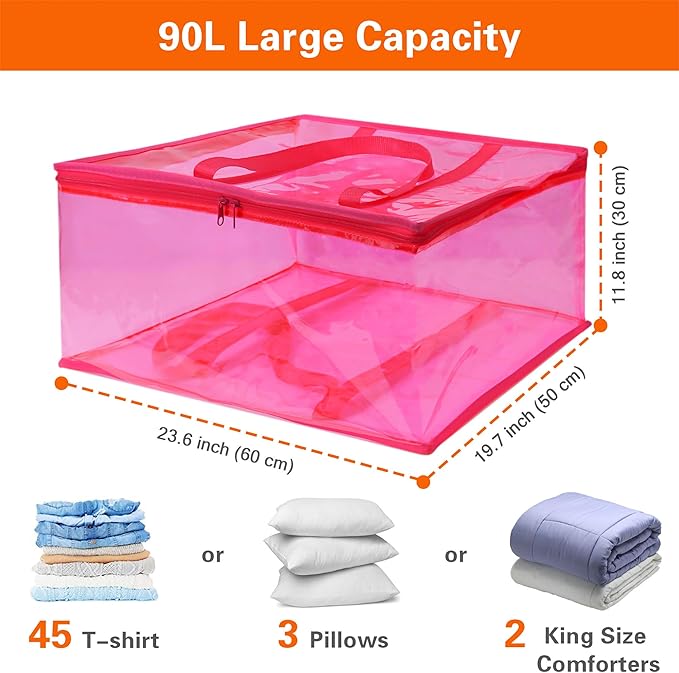 Vieshful Pink 90L Clear Clothes Storage Bag with Zipper 3 Pack | Colorful Clothes Organizer, Vinyl Storage Bag for Comforter, Blanket, Bedding, Duvet, Transparent Moving Totes