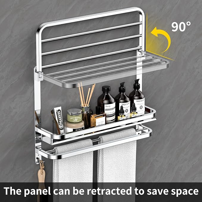 CAXIMSY Towel Rack with Shelf, 22.63" Bathroom Shelf with Double Towel Bars Stainless Steel, Wall Mounted, Foldable Top, 2 Hooks, Adhesive/Screw Install, Space-Saving for Small Bathrooms & Apartments