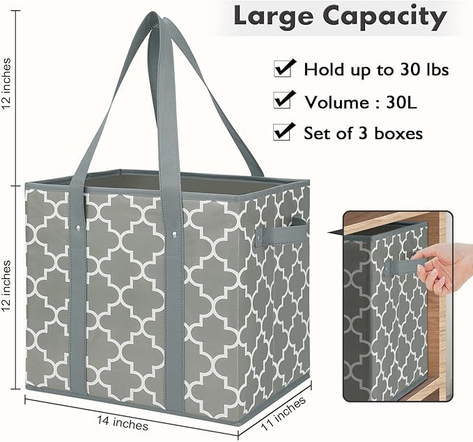 WISELIFE Reusable Grocery Bags 4-Pack Foldable Washable Storage Bins Basket Water Resistant Shopping Utility Tote Bag Grey