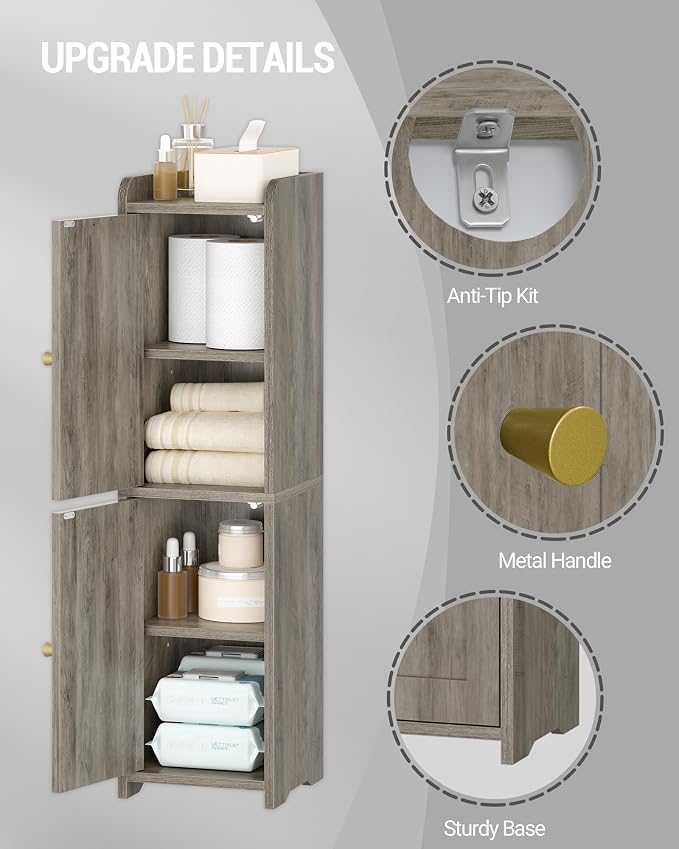 Hzuaneri Bathroom Storage Cabinet, Small Corner Floor Cabinet with 2 Doors | Narrow Toilet Paper Cabinets with Adjustable Shelf, Bathroom Organizer for Small Spaces, 7.9" D x 7.9" W x 29.5" H Greige