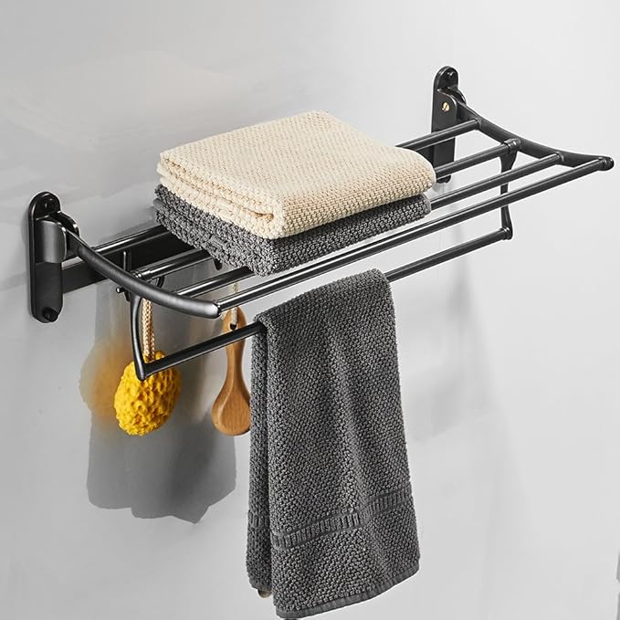 24 Inch Oil Rubbed Bronze Towel Racks, Bathroom Towel Shelf with Foldable Towel Bar Holder and Towel Hooks, Wall Mounted Multifunctional Bathroom Accessories, Double Towel Bars