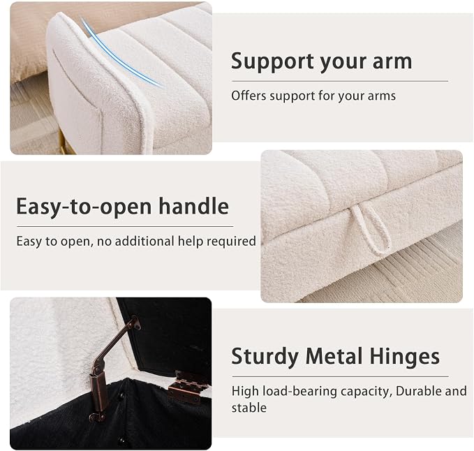 66" End of Bed Bench King Size, Teddy Boucle Storage Bench for Bedroom Foot of Bed, Storage Ottoman Bench with Golden Legs and Pillows for Living Room Window Entryway, White