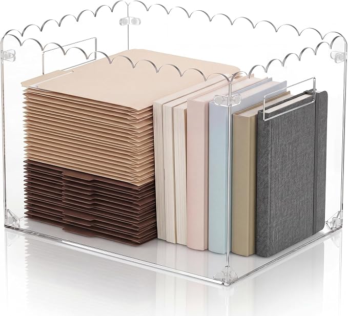 Clear Acrylic File Organizer Box with Scalloped Edge Design ＆ Handles, Large Capacity Hanging File Box for Letter/a4 Size Documents, Folders, Magazines, Home Office Decor, 13.7x10x10 in
