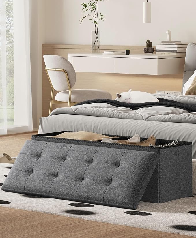 Folding Storage Ottoman Bench, Dark Gray, 43 Inches | Multi-Functional Ottoman Foot Rest, End of Bed Bench, Storage Chest, Living Room, Bedroom, Hallway, Entryway, 600 lb Capacity