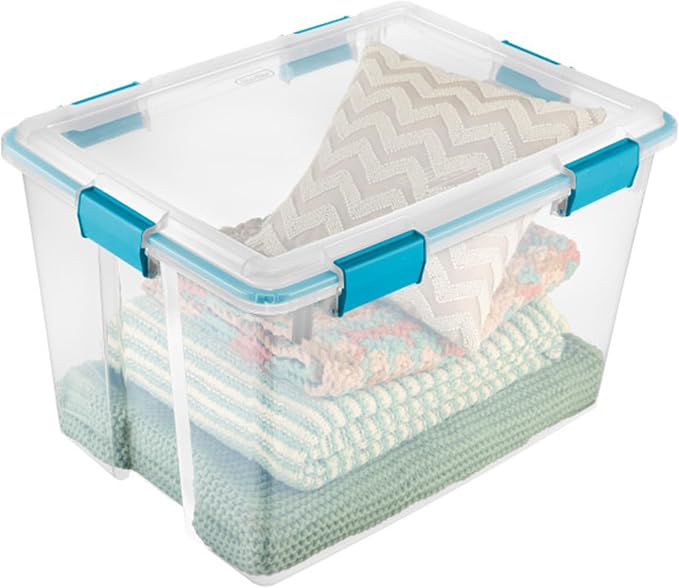 Sterilite Gasket Storage Box with Lids for Home & Office, 80 Quart, 8-Pack | Heavy-Duty, Stackable, and Organizing Containers for Bathroom, Cabinet, Closet, and Garage, Clear and Blue Aquarium Latches