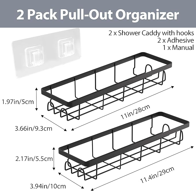Shower Caddy Organizer with Hooks,Self Adhesive Bathroom Shelves,No Drilling Bathroom Organizers and Storage,Perfect for RV, Apartment, Home Decor,2 Pack Black