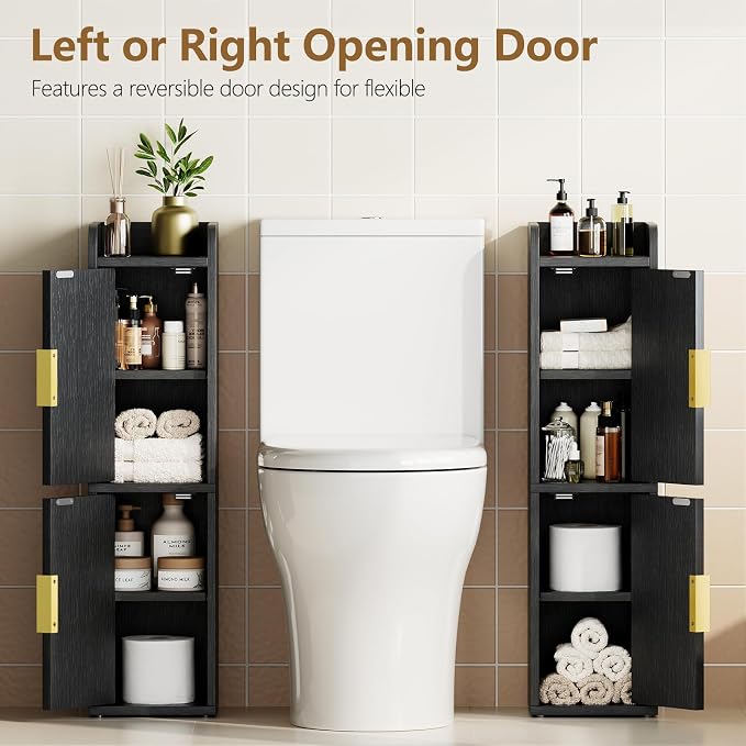 Yoobure Small Bathroom Storage Cabinet - Corner Floor Cabinet with 2 Doors & Adjustable Shelves, Narrow Slim Toilet Paper Cabinets, Skinny Bathroom Organizer for Small Space, 7.9" D x 7.9" W, Black