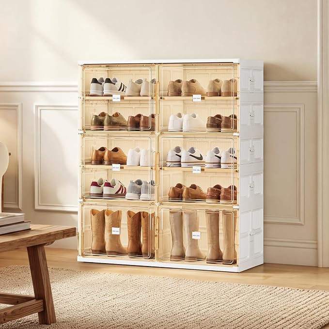 JEKO&JEKO 5 Tiers Foldable Boot and Shoe Storage Rack Cabinet for Closet Entryway, Large Collapsible Shoe Organizer with Magnetic Doors (White)