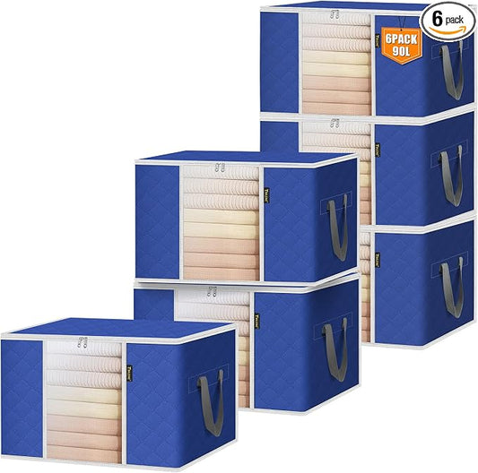 BALEINE 6 Pack Clothes Storage Bags, 24 Gallon Storage Containers with Reinforced Handle, Sturdy Zipper, Closet Organizer for Blanket, Comforter, Pillow, Bedding (Blue, 6 Pack)