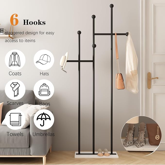 Modern Coat Racks with Marble Base Heavy Duty Clothes Rack Metal Coat Tree for Clothes Hats Scarfs Totes-19.7''L, BLACK