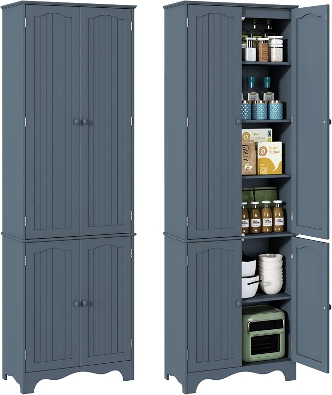 Function Home Tall Pantry Cabinet, Freestanding Storage Cabinet, Wooden Kitchen Pantry with 4 Doors and 5 Shelves, 72" Floor Cabinet Organizer for Kitchen Living Room Bathroom, Grey