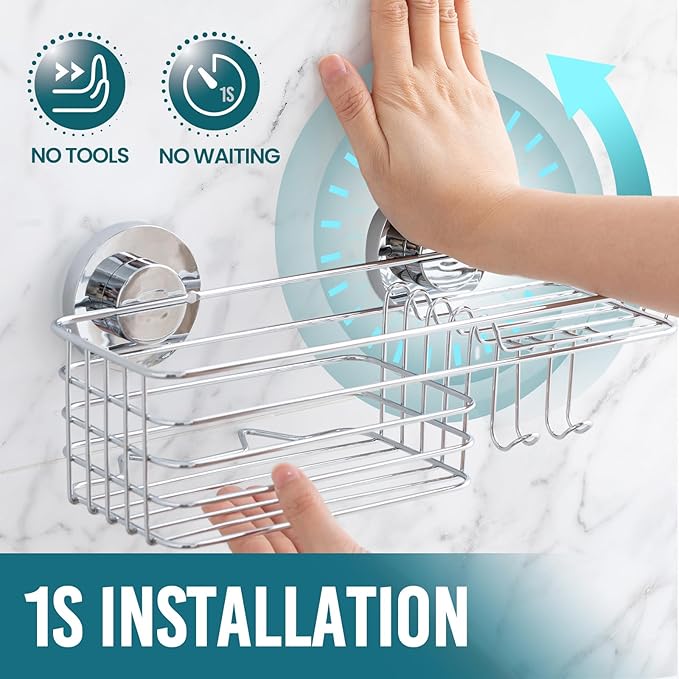 TAILI Shower Caddy Suction Cup, 3 Pack Shelves for Inside with Hooks & Soap Holder Toothbrush Cups, Removable Bathroom Organizer, Rustproof Silver Storage-Silver