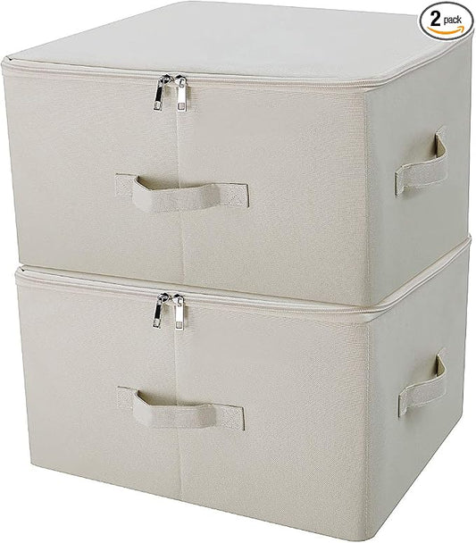Sturdy Fabric Storage Bins with Lid, Shelves Clothes Storage Cubes,Set of 2 | versatile storage for seasonal clothes/ blankets/duvets, folding Space-Saving Design,3-side opening, Removable bottom board