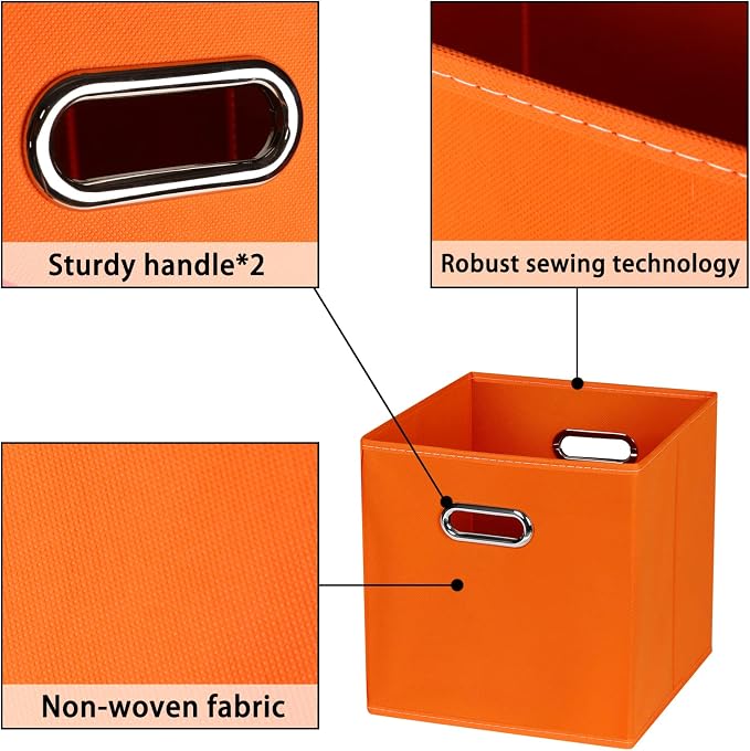 Fabric storage bins Cubes, Fabric Cube Organizer with Handle, Foldable Cube Bins for Cloth or Accessary Storage, 11x11x11, Set of 6, (Orange)
