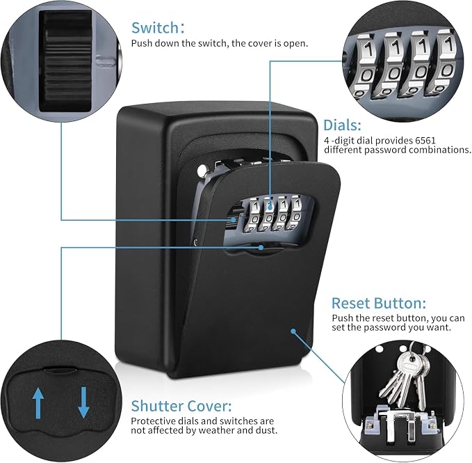 Key Lock Box,4 Digit Combination Weatherproof Lockbox for Outside House,5 Keys Large Capacity Lockbox,Key Safe Security Storage Lock Box with Resettable Code for Indoor Outdoor Garage(2 Pack, Black)