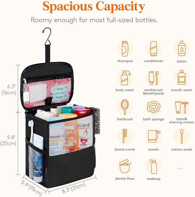Lifewit Shower Bag Mesh Shower Caddy Portable College Dorm Room Essentials Tote Bag for Bathroom, Gym, Travel, Camping Quick Dry Hanging Shower Organizer Basket Toiletry Bag, Medium, Black