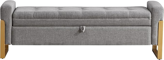 adochr 57" Storage Ottoman Bench, Upholstered End of Bed Bench, Light Grey | Metal Legs & Button-Tufted, Linen Ottoman with Storage 500 lb Capacity for Living Room, Bedroom, Entryway