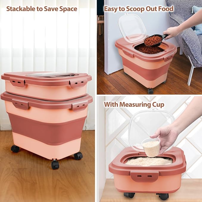 Viretec Dog Food Storage Container, 10-20Lbs Collapsible Pet Food Storage Containers with Rolling Wheel Airtight Locking Lid, Dry Food Storage Bin with Cup and Scoop,Suitable for Pet Food, Rice, Flour