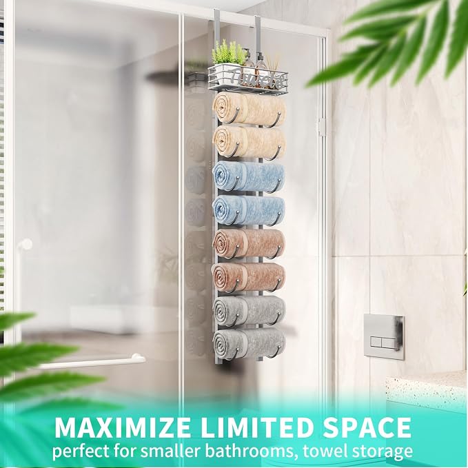 HapiRm Towel Racks for Bathroom Storage - 9 Tier Over The Door & Wall Mount Rolled Towel Storage Organizer Holder with Metal Shelf Basket for Small Bathroom, Camper, Rv - Sliver, Patented