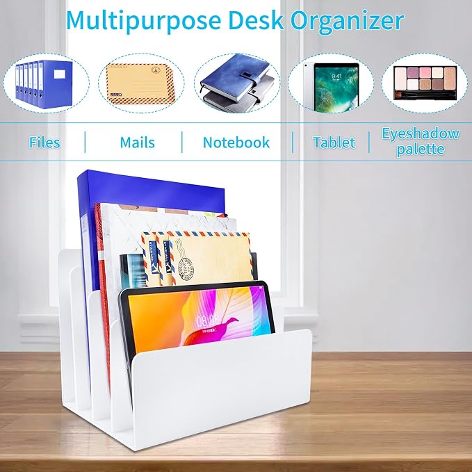 White Acrylic File Organizer - 4 Sections Desk Holder Sorter for Office Supplies, Electronics, Notebooks and Mail