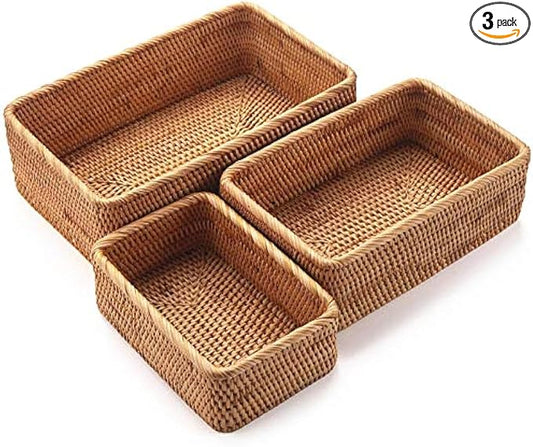 Yangqihome Natural Rattan Storage Baskets, Rectangular Woven Fruit Baskets, Decorative Wicker Basket and Small Baskets for Organizing (Set of 3)