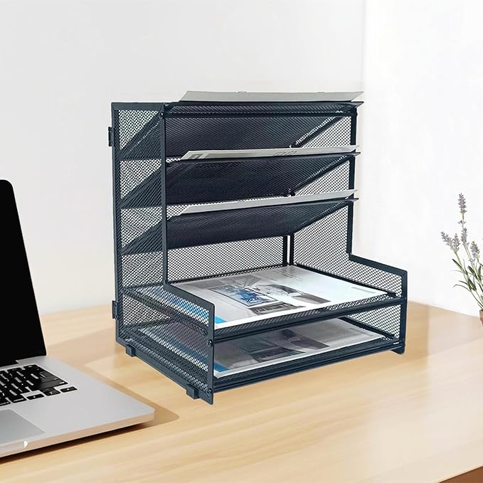 SETTFRFE 5-Tier Metal Desk File Organizer, File Tray Rack | 3 Slanted+2 Horizontal Paper File Holder for Office Supplies,Multi Layer Letter Tray,Home Office Desktop Storage Rack,Black