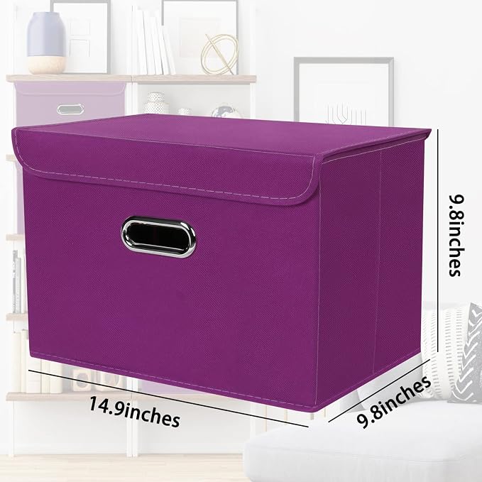 STOREONE Fabric Storage Cube Bins Foldable Organizer Container Collapsible Basket with Lids and Metal Handles, for Home, Bedroom, Closet 3 Pcs (Purple)