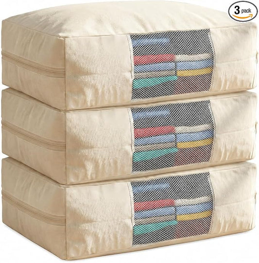 3 Pcs Cotton Canvas Sweater Storage Bag, 20"x14"x5" Closet Organizer Bag | Breathable Material, Mesh Window Design, Dustproof, Moth Proof, Large Capacity, Suitable for Seasonal Clothing, Bedding, etc.