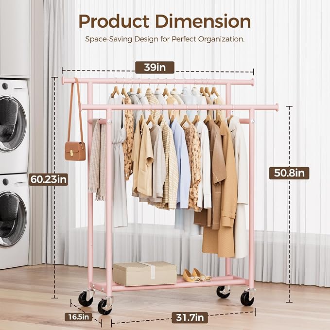 HYSEYY Clothes Rack, Double Rods Rolling Clothing Rack for Hanging Clothes, Portable Garment Rack with Wheels, Coat Rack Wardrobe Closet Load 240 LBS for Bedroom Laundry Room (Pink, L)