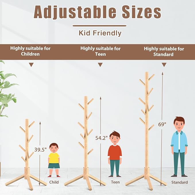 Haddockway 3 Adjustable Freestanding Wooden Coat Rack Stand 8 Hooks,Hallway
