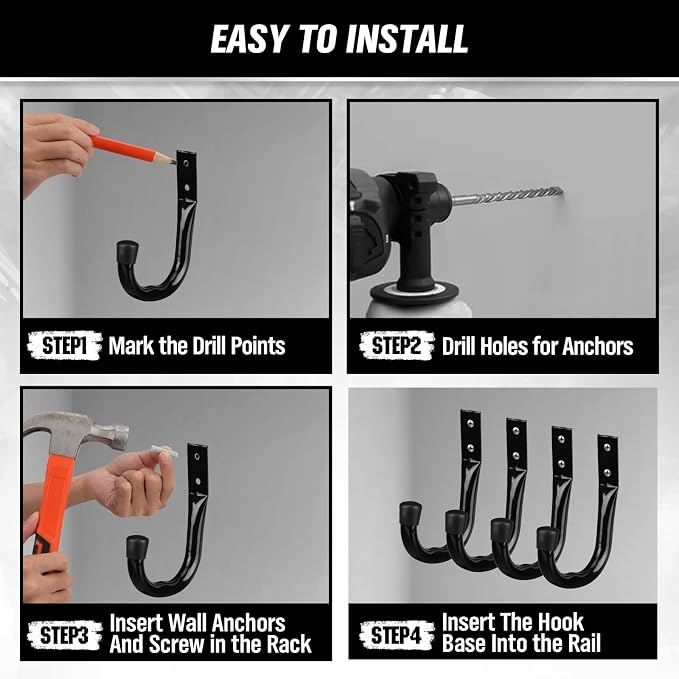 Heavy Duty Garage Storage Hooks, 12-piece Bike Hooks for Garage Wall, Utility Garage Hooks, Wall Mount J Hook for Hanging, Large Metal Storage Organizer Tool, Extension Cord Hanger