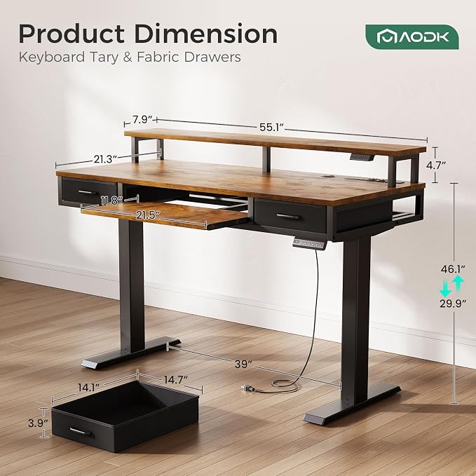 AODK 55 Inch Standing Desk with Drawers & Keyboard Tray, Rustic Brown | 3 Outlets & 2 USB Ports, LED Lights, Monitor Stand, Cable Management Tray, 3 Memory Heights, 29.9"-46.1" in Range