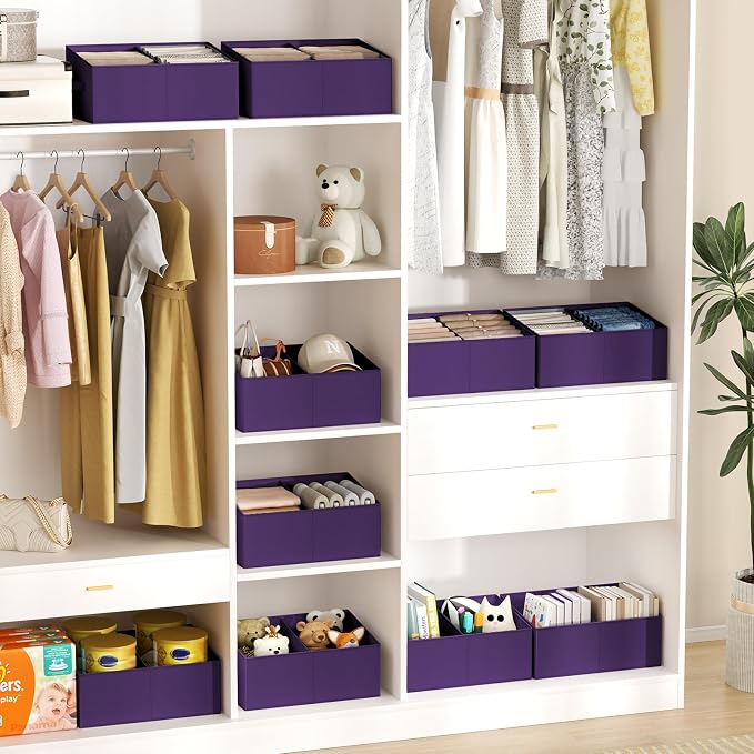 DIMJ Large Closet Shelf Organizer Bins 6 Packs with Handles and Divider, Fabric Trapezoid Storage Baskets, Foldable Clothes Containers Box for Shelf, Towel, Book, Toy, Purse, Hats, Purple