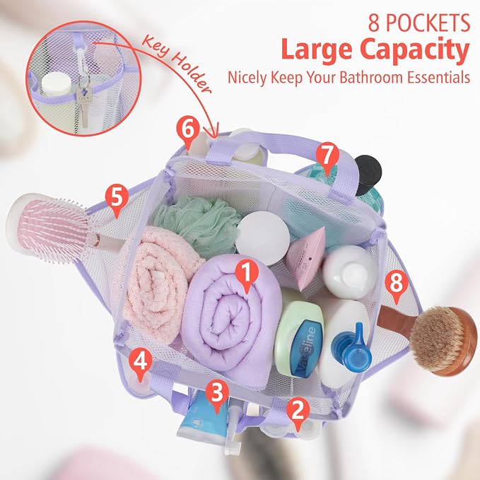 Mesh Shower Caddy Portable - 8 Pockets, S-Hook, Shower Bag for Dorm Camping | 2-Handle, Quick-Dry, Hanging Toiletry Organizer, College Dorm Room Essentials for Girls, Gym, Travel & Bathroom, Purple
