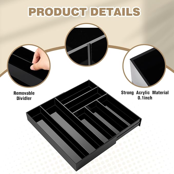 Briwooody Black Acrylic Drawer Organizer Expandable,7 Compartments,Large | 9'' up to 18'' x 12'' x 2.1'' Desk Drawer Organizer Trays Adjustable with Desk Accessories for Makeup Office Bathroom
