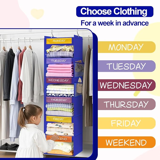 Weekly Clothes Organizer for Kids, 6-Shelf Hanging Closet Organizer with Colorful Labels, Space Saving Design with 2 Pockets, Daily Hanging Closet Shelves for Kids Room Storage, Blue