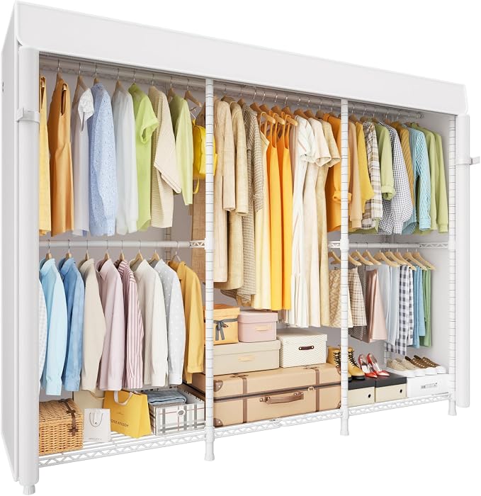 E14C Pro Heavy Duty Closet Organizer System，Freestanding Clothing Racks for Hanging Clothes，Adjustable Garment Rack 69" W × 16" D × 77" H Hold 960 lbs，White Rack with White Dustproof Cover