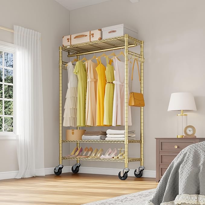VIPEK R3 Portable Closet for Hanging Clothes Rolling Clothes Rack | Lockable Silent Wheels, Adjustable Wire Shelving, Metal Side Hooks, Load 374lbs, Space-Saving Storage for Apartment, Gold