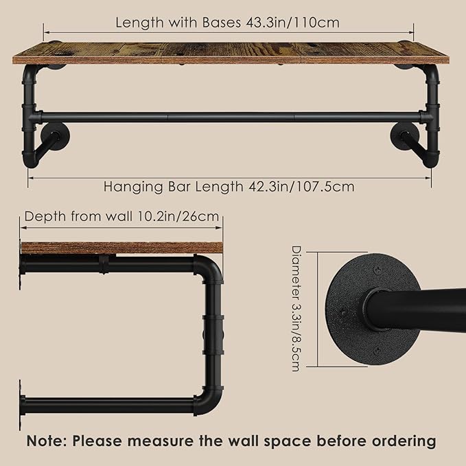 Clothes Rack with Top Shelf, 43.3in Industrial Pipe Wall Mounted Garment Rack, Space-Saving Display Hanging Clothes Rack, Heavy Duty Detachable Multi-Purpose Hanging Rod for Closet Storage